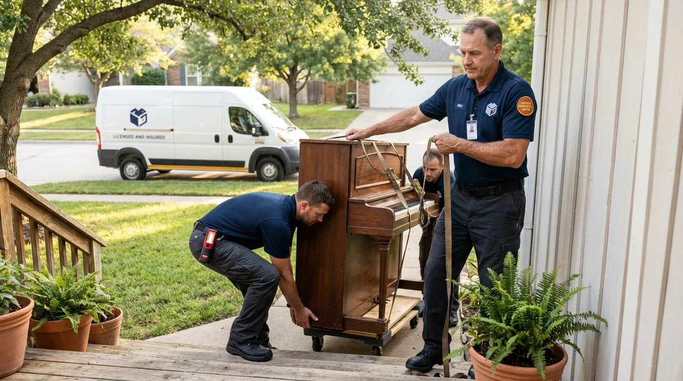 Licensed piano movers securing grand piano in Hawarden, IA