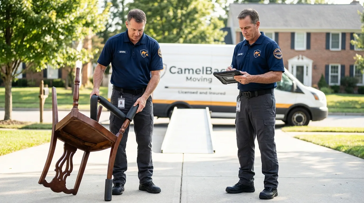 Movers inspecting furniture for damage prevention before loading in Hawarden, IA