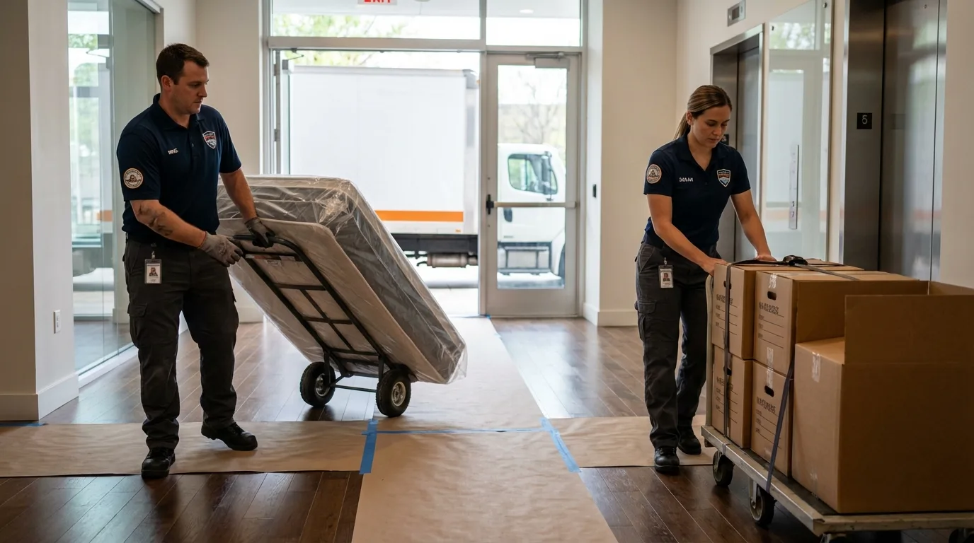 Professional apartment movers loading elevator in Hawarden, IA
