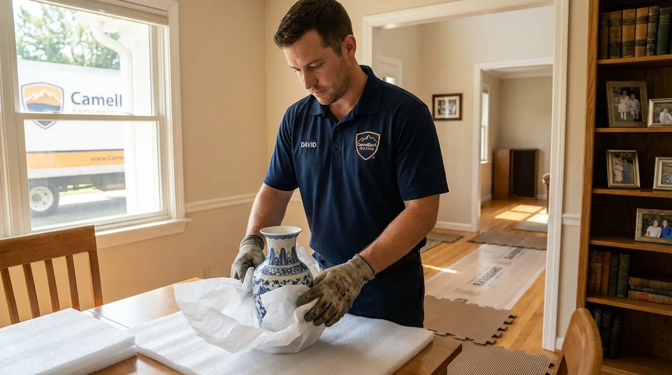 Professional crew carefully wrapping antique vase for senior downsizing move in Hawarden, IA